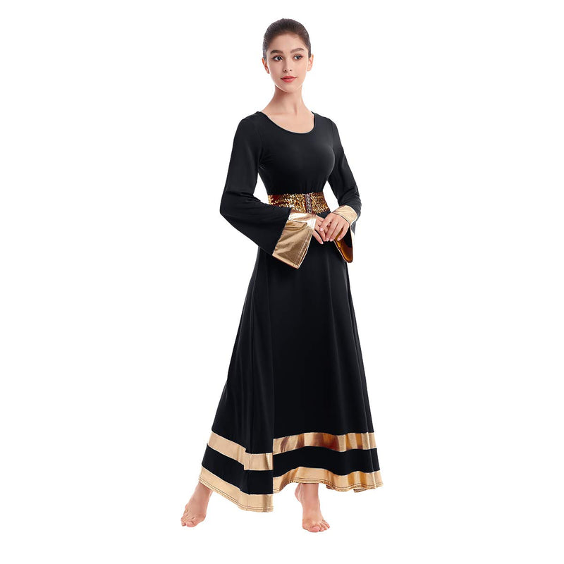 [AUSTRALIA] - IBAKOM Womens Long Sleeve Tunic Robe Worship Praise Liturgical Full Dance Dress Ballet Costume with Sequins Belt Black+gold X-Large 