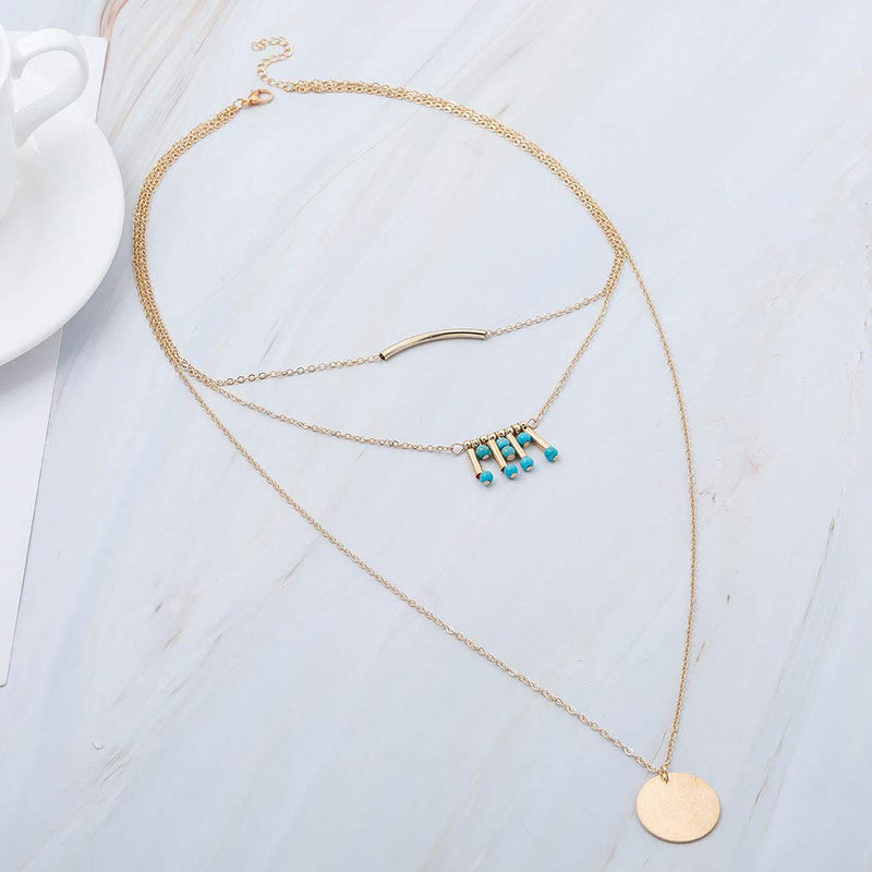 Yalice Layered Turquoise Necklace Chain Round Disc Pendant Necklaces Jewelry for Women and Girls Gold - BeesActive Australia