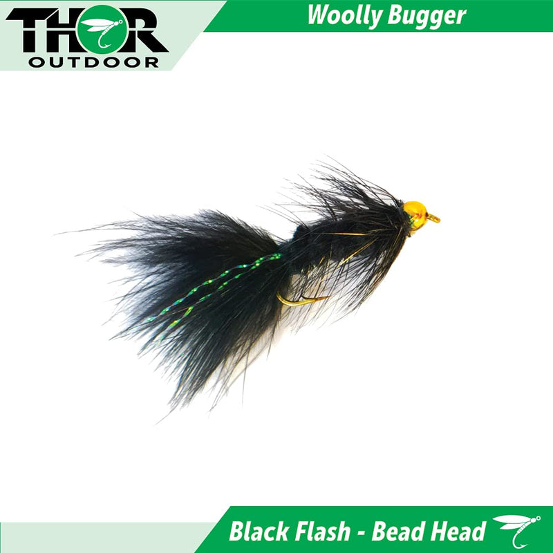 Thor Outdoor BH Woolly Bugger Streamer Fly Fishing Set – Wet Flies for Trout, Panfish, and Bass Fire Tiger-L, Black, Lt Tan - Size #10 - BeesActive Australia