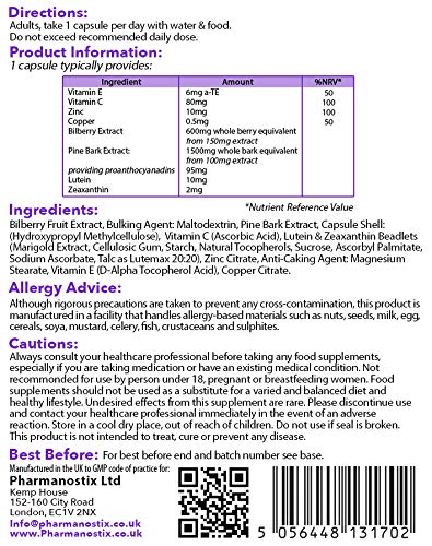 Vision Care with Lutemax 2020 60 Capsules - Lutein, Zeaxanthin, Bilberry and Pine Bark Along with an Essential Balance of Vitamins & Minerals Proven to Support Normal Eyes, Vision and Macular Health - BeesActive Australia