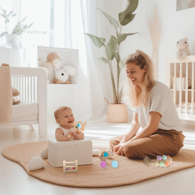 Montessori Mama Wooden Toys for Babies 5-Piece Collection - Multi-Sensory Learning Rattle for Babies - Infant Wooden Toy Set Baby Weights Toys - Teether - BeesActive Australia