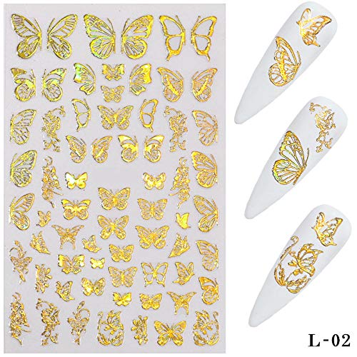 4 Sheets DIY Nail Art Adhesive Sticker Decals, Metallic Gold and Silver Butterfly Design Nail Art Decorations, Manicure DIY Nail Decals (Gold) - BeesActive Australia