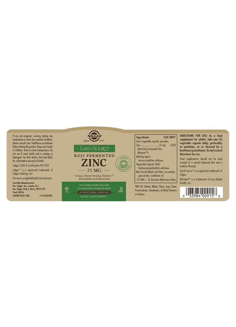 Solgar� EarthSource Food-Fermented Koji Zinc 25mg - Pack of 30 - Immune System Support - Supports Healthy Skin, Hair and Nails - BeesActive Australia
