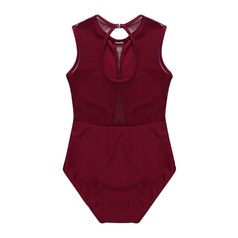 [AUSTRALIA] - renvena Kids Girls One Piece Ballet Dance Leotard Sleeveless Mesh Splice Cutout Back Active Bodysuit Dancewear Burgundy 8-10 