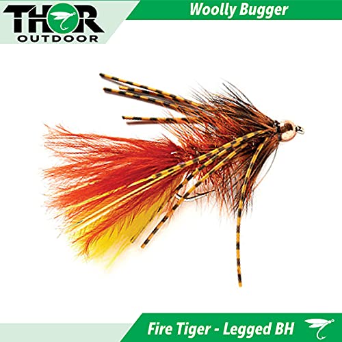 Thor Outdoor BH Woolly Bugger Streamer Fly Fishing Set – Wet Flies for Trout, Panfish, and Bass Fire Tiger-L, Black, Lt Tan - Size #10 - BeesActive Australia