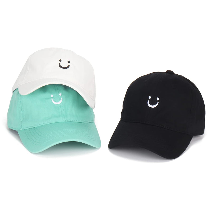 Umeepar 3 Pack Smiley Face Cotton Baseball Cap Adjustable Low Profile Unstructured Dad Hat for Women Men Black White, Aqua - BeesActive Australia