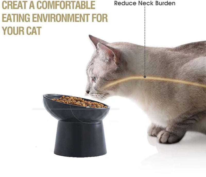 KITCHENLESTAR Ceramic Raised Cat Bowls, Slanted Cat Dish Food or Water Bowls, Elevated Porcelain Pet Feeder Bowl Protect Cat's Spine, Stress Free, Prevention White Black - BeesActive Australia