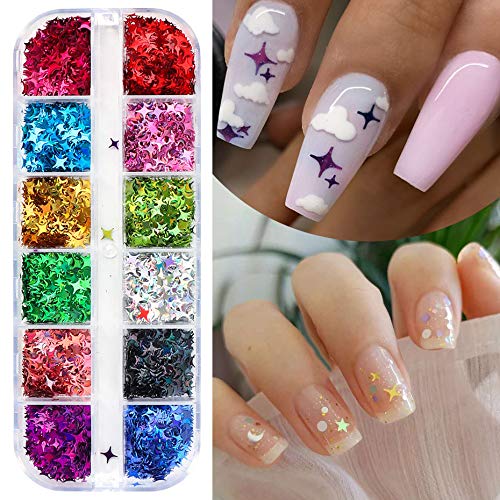 CHANGAR Nail Art Glitter Sequins, 3D Laser Cross Star Nail Paillette Decals Sticker Holographic Four-Angle Star Nail Sparkle Glitter for Manicure Make Up DIY Decals Decoration - BeesActive Australia