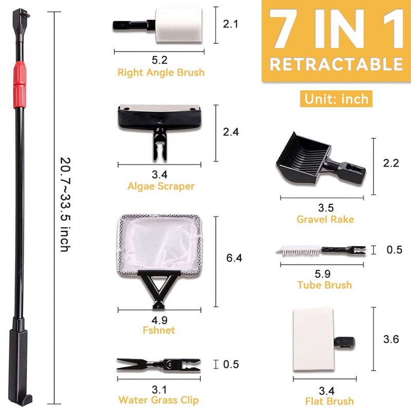 PTFJZ Fish Tank Cleaning Tools 7 in 1 35" Aquarium Cleaner Sponge Brush Seaweed Sand Rake Fish Net Algae Scraper for Glass Aquariums Fiberglass Telescopic Handle Fish Cleaning Kit - BeesActive Australia