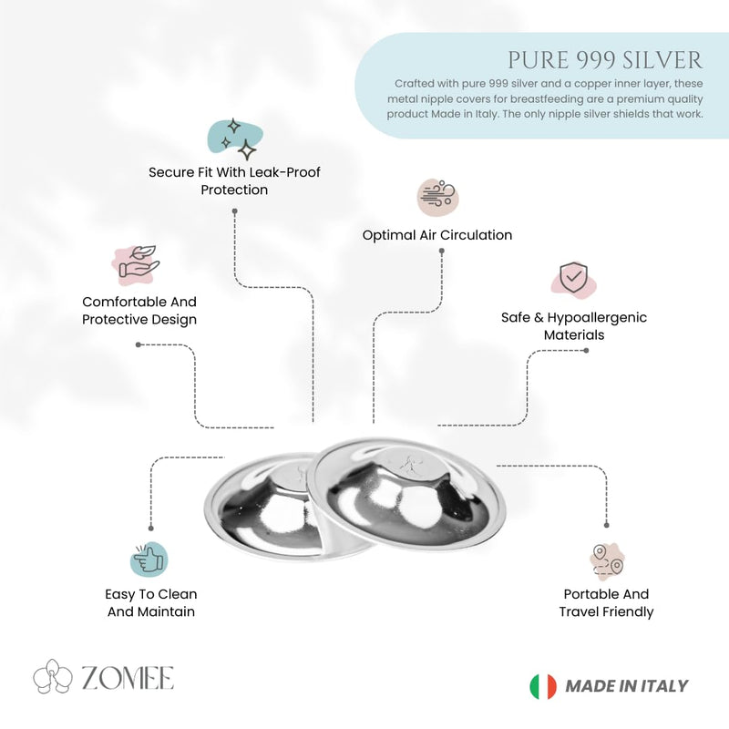 Zomee Original Silver Nursing Cups - Nipple Shields for Nursing Newborn - Breastfeeding Essentials - Tri-Laminate Silver Protect and Soothe - Nipple Covers - Made in Italy (Standard) Standard - BeesActive Australia