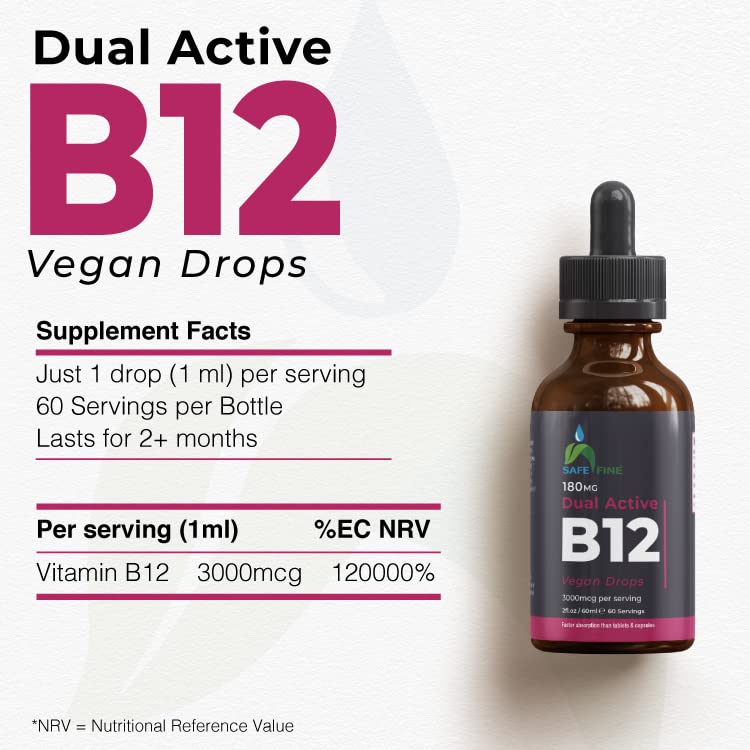 SafeFine Vitamin B12 Vegan Friendly Liquid Drops - 3000mcg - 60 ml Dropper Bottle - Supplement for Energy, Mood & Nerve Function - Sublingual and Dual Action for Fast Absorption - Gluten Free - BeesActive Australia