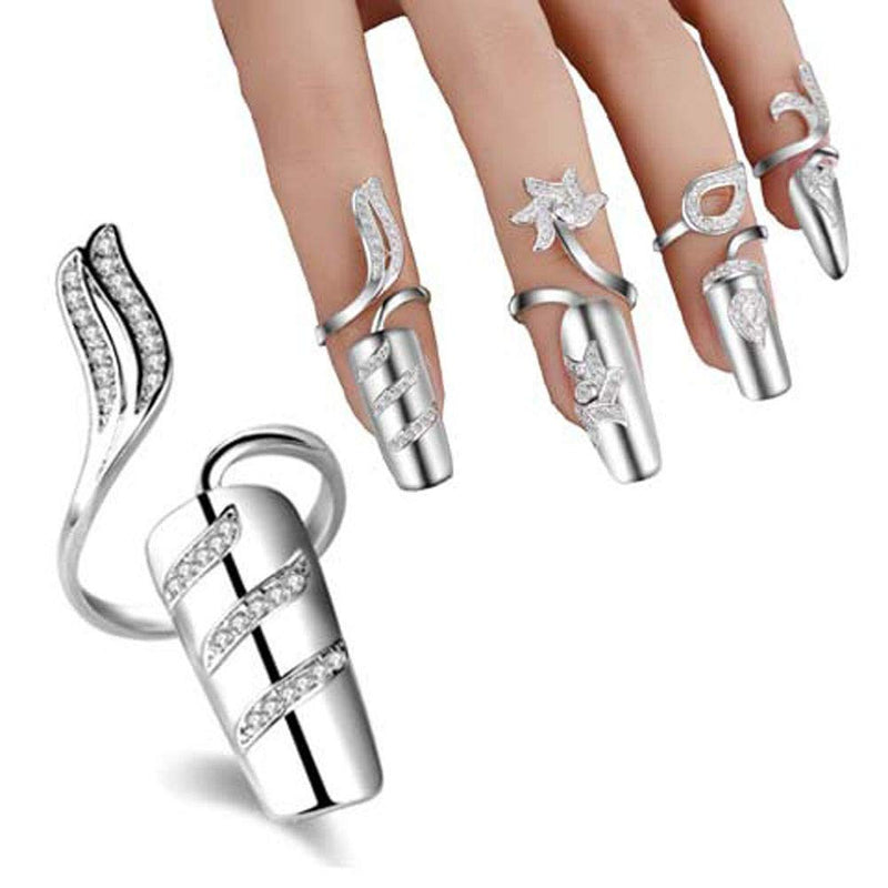 Suoirblss 4 PCS Rhinestone Finger Tip Nail Ring Adjustable Opening Nail Art Charms Accessories Silver Women's Fashion Protecting Fingernail - BeesActive Australia