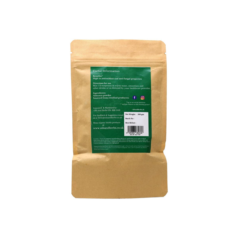Oils and Herbs UK Clean Organic Aleovera Powder - Aloe barbadensis Miller -100% Pure and Natural (100) 100 g (Pack of 1) - BeesActive Australia