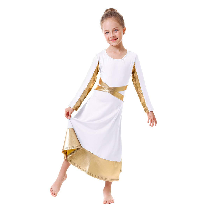 [AUSTRALIA] - Kids Metallic Gold Cross Praise Dance Dress for Girls Liturgical Loose Fit Full Length Tunic Dancewear Worship Long Costume 5-6 Years White-gold Cross 