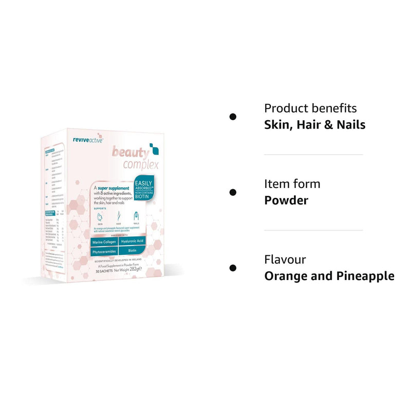 Beauty Complex Super Supplement by Revive Active | 8 Active Ingredients to Support Skin, Hair & Nails | 30 Day Multivitamin Supply | Collagen, Hyaluronic Acid, Phytoceramides & Biotin - BeesActive Australia