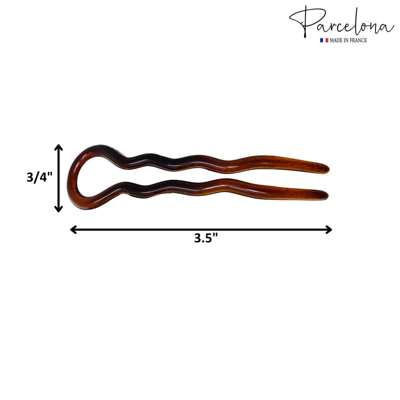 Parcelona French Sleek Brown Tortoise Shell Large 3 1/2" Celluloid Made in France Set of 3 Wavy Crink U Shaped Chignon Hair Pins Updo Bun Pin Sticks for Women and Girls 3 Count (Pack of 1) - BeesActive Australia