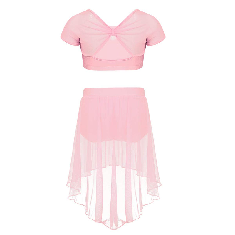 [AUSTRALIA] - MSemis Kids Girls Lyrical Modern Dance Outfit Mesh Crop Top with Asymmetrical Overlay Gymnastics Belly Latin Dancewear Pink 4 