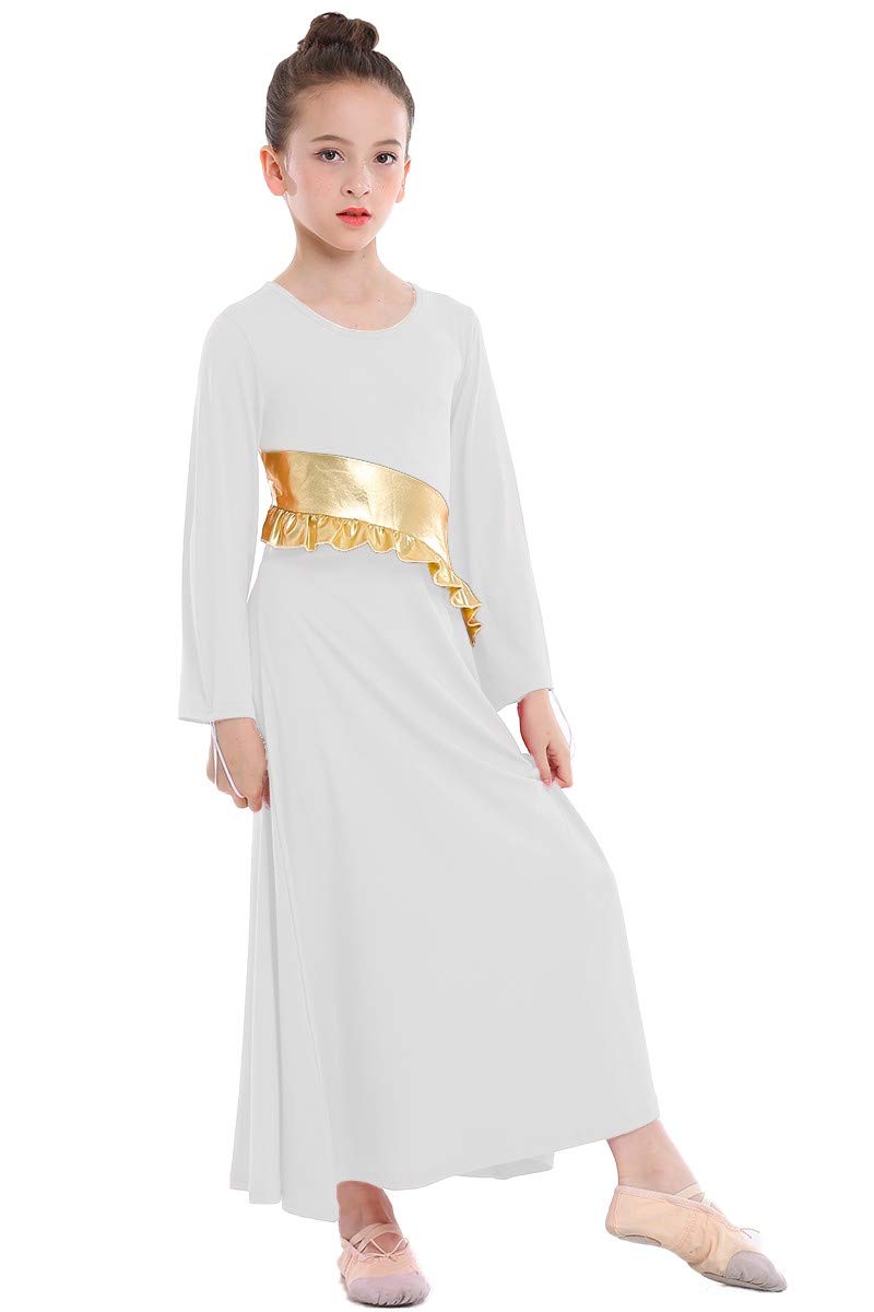 [AUSTRALIA] - MYRISAM Girls Metallic Gold Liturgical Praise Worship Long Sleeve Dress Full Length Loose Fit Ruffle Pleated Dancewear White 14-15 Years 