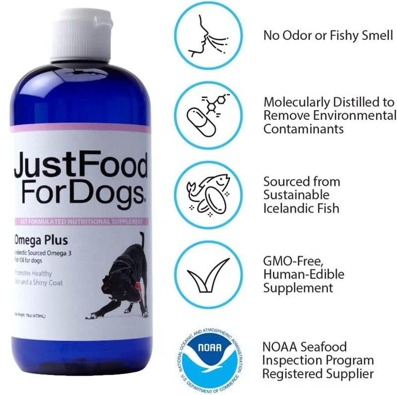 JustFoodForDogs Omega Plus Fish Oil for Dogs, Supports Healthy Joints, Skin & Coat, Aging 16 OZ Clear - BeesActive Australia