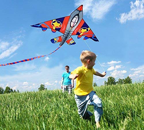 [AUSTRALIA] - HONBO Huge Fighter Plane Kite for Kids and Adults- 58” Wide with Long Tail- Easy Flyer - Kit Line and Swivel Included- 