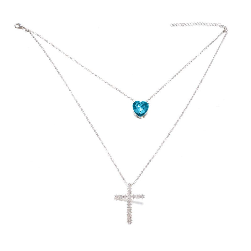 Jovono Silver Multilayed Cross Pendant Necklaces Fashion Blue Heart Crystal Necklace Chain Jewelry for Women and Girls - BeesActive Australia
