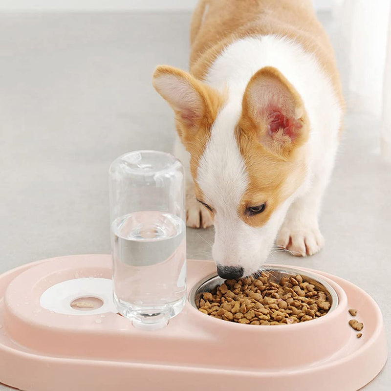 Love Dream Double Dog Cat Bowls, Stainless Steel Dog Bowl Cat Food Bowls and Water Feeder with Automatic Water Bottle for Small Medium Dogs and Cats Pink - BeesActive Australia