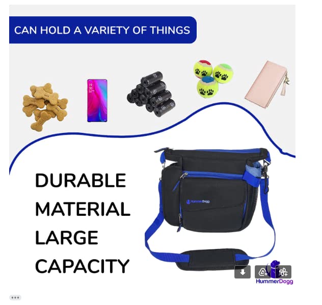 HummerDogg Dog Treat Bag with 15 Dog Poo Bags - Blue Dog Walking Bag - Adjustable Strap Dog Travel Bag with Bamboo Charcoal Odour Bag 7.5 x 2 x 9.8 inches - Neoprene Dog Treat Pouch with Bottle Holder - BeesActive Australia