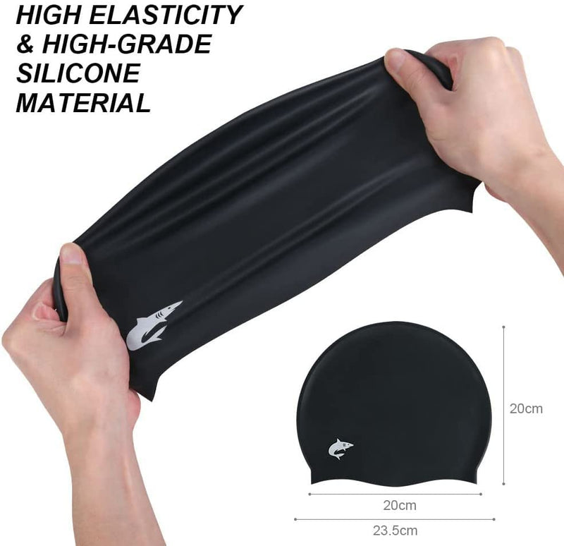 Silicone Swim Caps for Long Hair, Cover Ears Swimming Caps with 3D Ear Pockets or Adult Youths, Flexible Waterproof Swimming Caps for Women #1 Basic-black - BeesActive Australia