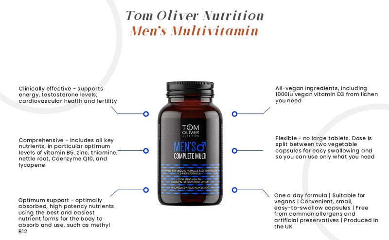 Tom Oliver Nutrition Men's Complete Multivitamin with CoQ10, B Complex, Vitamin A, Vitamin D3 +K2, Zinc & Magnesium, 60 Count - BeesActive Australia
