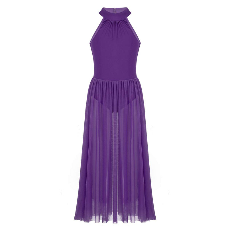 [AUSTRALIA] - easyforever Big Girls Mock Neck Cutout Back Praise Lyrical Dance Maxi Dress Sleeveless Workout Leotard Jumpsuit Purple 16 