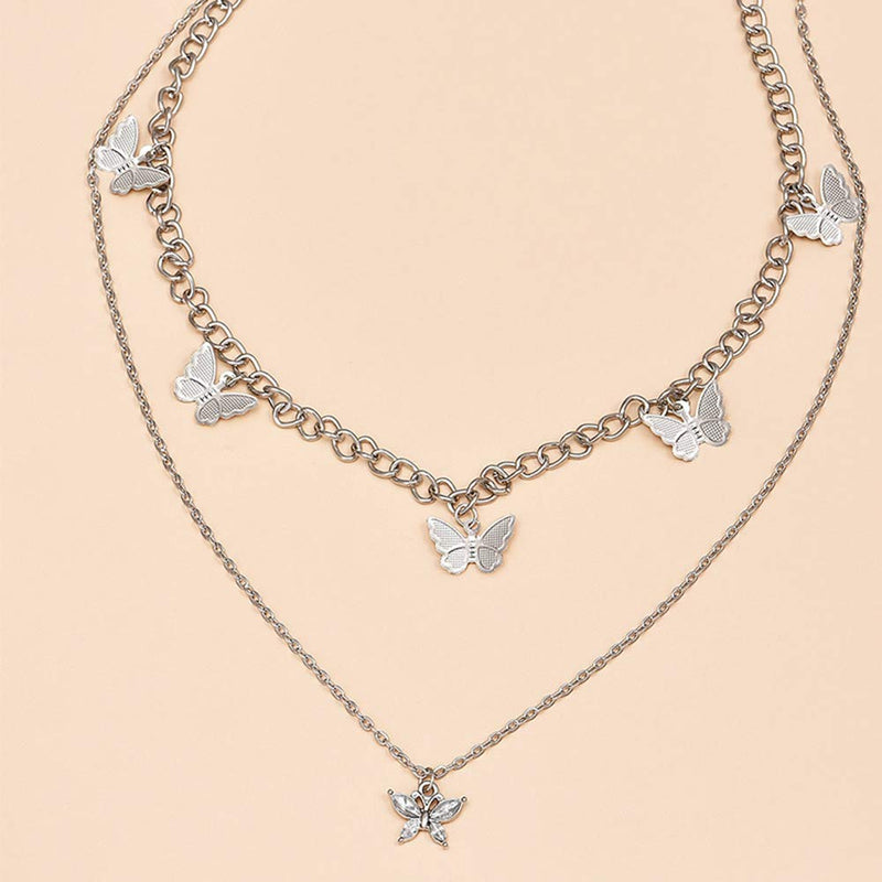Xerling Statement Rhinestone Butterfly Pendant Necklace Dangly Layered Necklace Silver Butterflies Chain Choker Bohemian Chunky Jewelry for Women Girls - BeesActive Australia