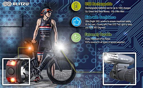 BLITZU Gator 320 USB Rechargeable Bike Light Set Super Bright Front Headlight and Back LED Rear Bicycle Light for Kids Adults Men Women Road Cycling Safety Flashlight Easy to Install - BeesActive Australia