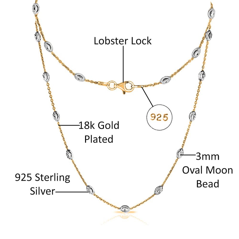 Savlano 18K Gold Plated Over 925 Sterling Silver Station Oval Moon Bead Necklace Chain For Women & Girls. Silver, Gold, Rose Gold - Made in Italy Comes With a Gift Box 18 Inches Two Tone Gold - BeesActive Australia