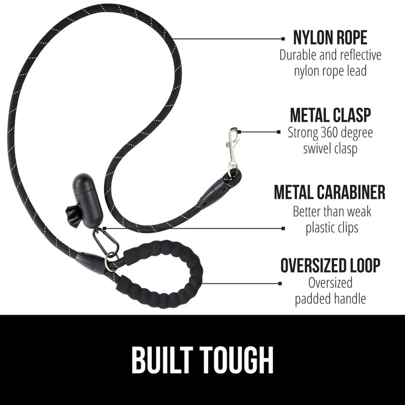 Gorilla Grip Durable Dog Leash, Soft Handle, Reflective Rope Pet Leashes for Puppy, Small and Large Dogs, Rotating Clip, Waste Bag Dispenser 5 Feet x 1/2 Inch Black - BeesActive Australia