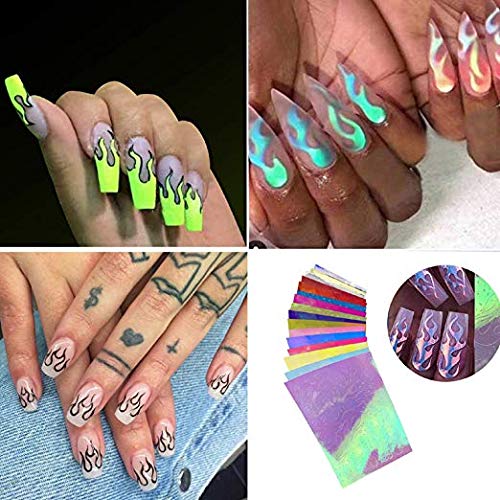 New Trend Halloween Holographic Fire Flame Nail Art Decals,Flame Reflections Nail Stickers - DIY Nail Foils Tape Adhesive Decoration 16PCS - BeesActive Australia