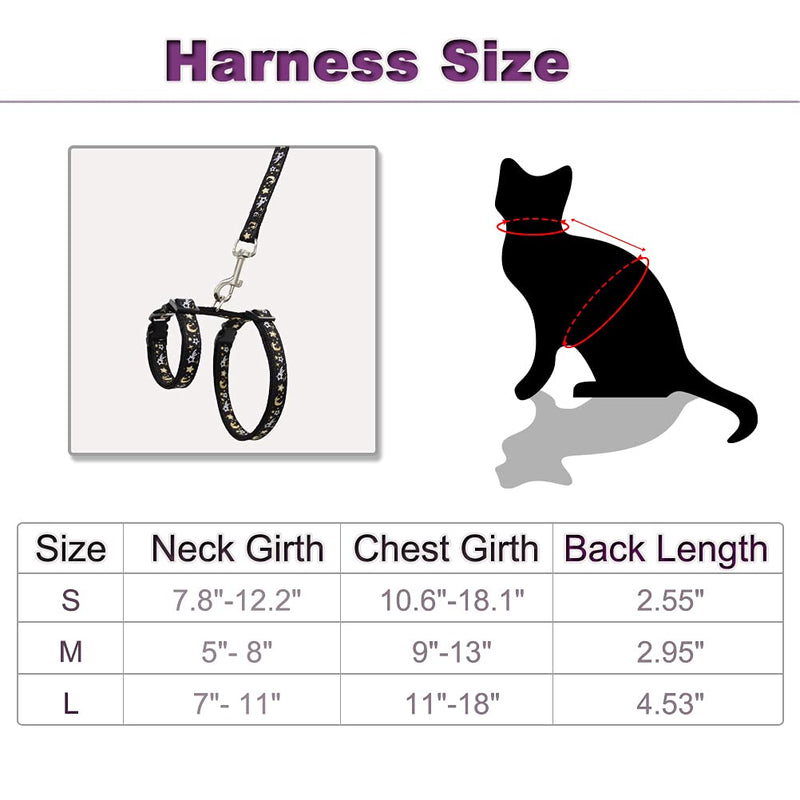 Cat Harness and Leash Set for Outdoor Walking Escape Proof Adjustable Soft Safety Strap with Golden Star and Moon Design Glow in The Dark Black L - BeesActive Australia