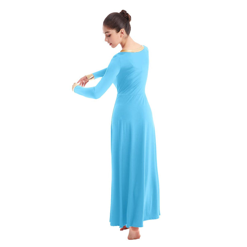 [AUSTRALIA] - IBAKOM Praise Liturgical Dance Costume for Women Loose Fit Full Length Metallic Gold V-Neck Worship Long Dress Dancewear Blue+gold X-Large 