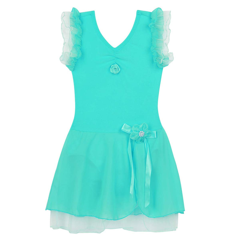 [AUSTRALIA] - winying Kids Girls V Neck Ruffled Shoulder Flower Ballet Dance Leotard Dress Tutu Skirt Turquoise 7 / 8 