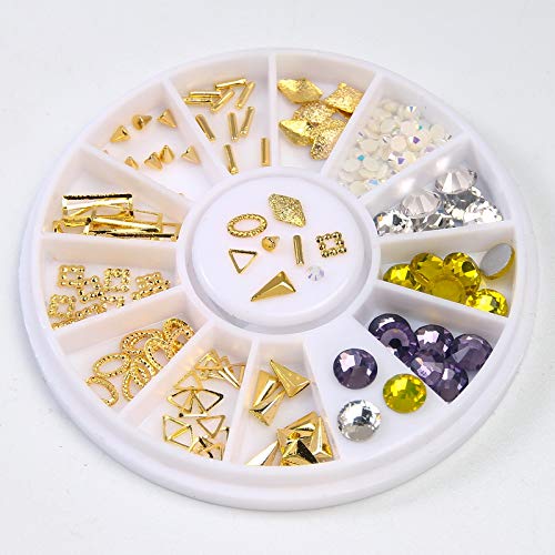 Minejin Nail Art 3D Rivet Metal Studs Mixed Charms Rhinestones Set with Acrylic Shiny Gems Decoration 9 Boxes Kit - BeesActive Australia