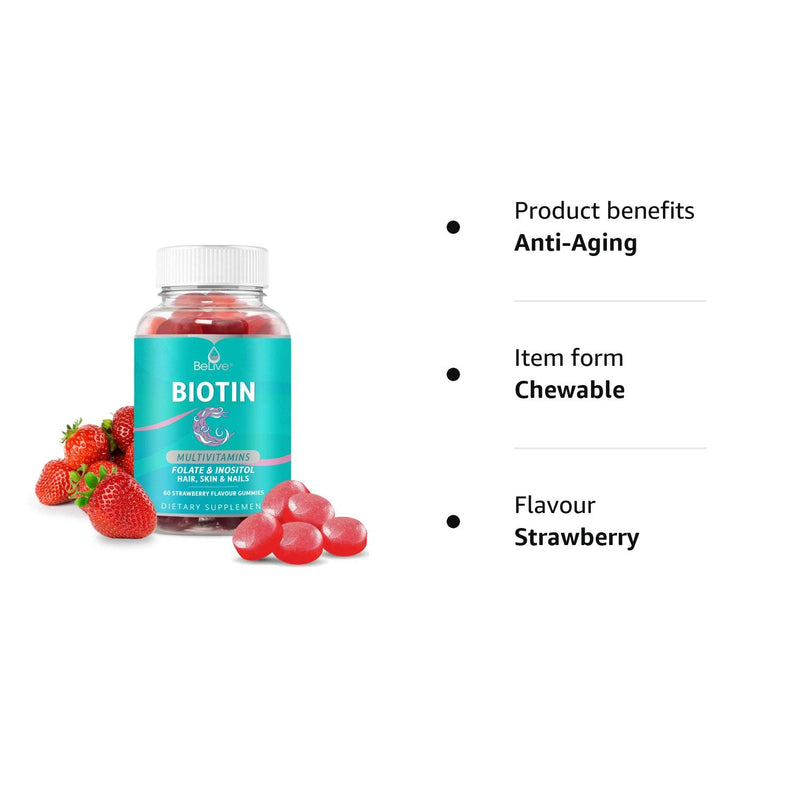 Biotin Hair Growth Vitamin Supplement Gummies with 5000mcg for Women or Men | Added Essential Multivitamins Support Skin Collagen & Nails | Vegan Friendly | Strawberry Flavour (60 Count) 1 - BeesActive Australia
