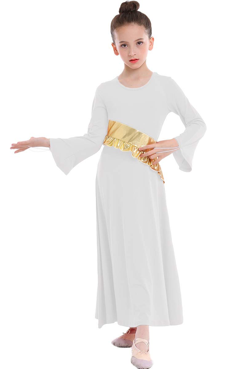 [AUSTRALIA] - MYRISAM Girls Metallic Gold Liturgical Praise Worship Long Sleeve Dress Full Length Loose Fit Ruffle Pleated Dancewear White 14-15 Years 