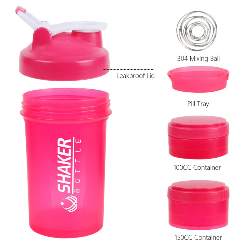 VECH Shaker Bottle 16OZ Protein Shaker Cup with Supplement Powder Storage & Pill Case for GYM & Workout,Portable Leakproof Sports Blender Water Bottles with Stainless Steel Mix Ball,BPA Free (Pink) Pink - BeesActive Australia
