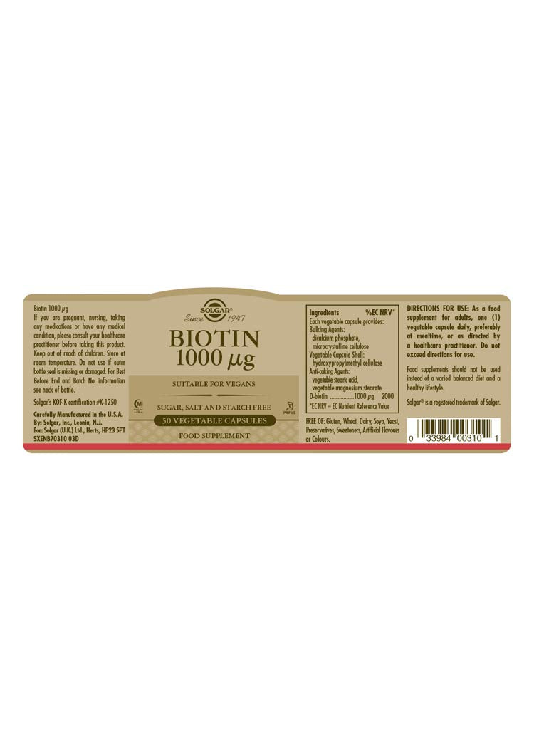 Solgar Biotin 1000 �g Vegetable Capsules - Pack of 50 - For Healthy Hair and Skin - Promotes Energy and Vitality - Vegan - BeesActive Australia