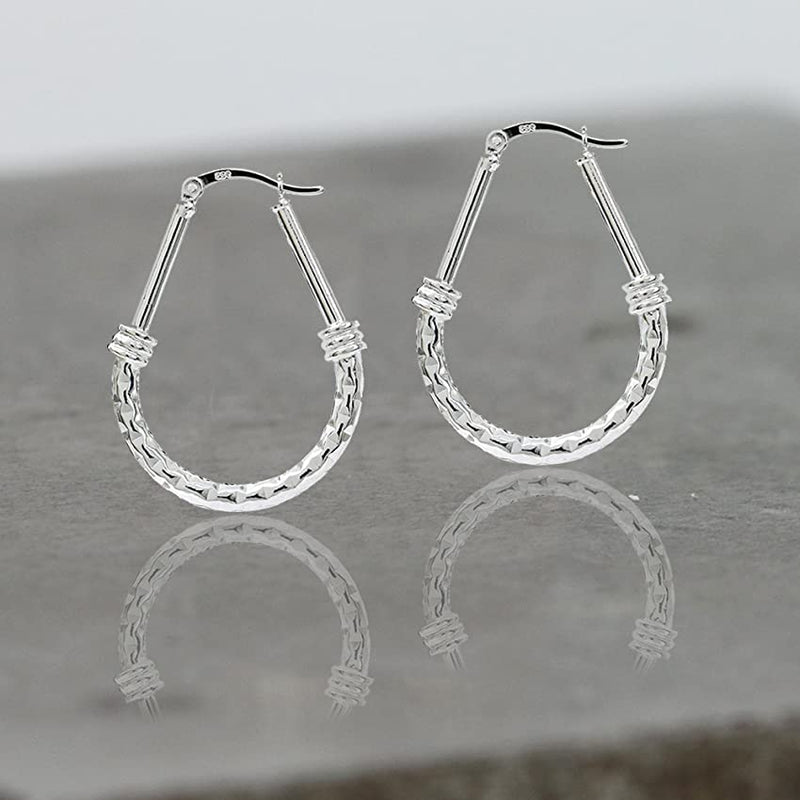 LeCalla 925 Sterling Silver 14K Gold Plated Two-Tone Diamond-Cut Texture Classic Italian Design Drop Shape Oval Hoop Earrings for Women Medium Diamond-Cut - BeesActive Australia