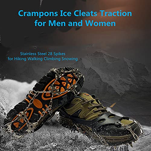 Crampons Upgrade 28 Stainless Steel Spikes, Ice Cleats Traction Snow Grips for Shoes and Boots Men Women Anti Slip Spikes for Hiking Walking Climbing Mountaineering Ice Fishing X-Large - BeesActive Australia