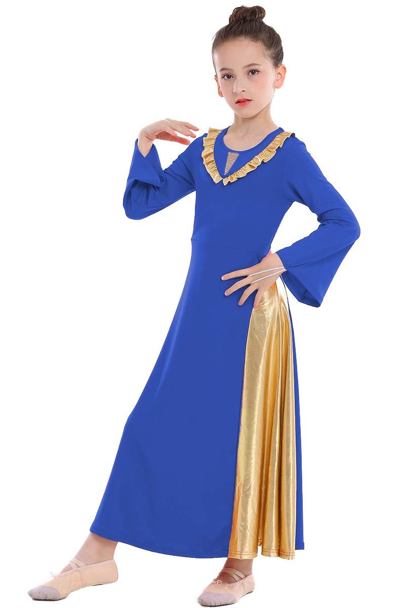[AUSTRALIA] - REXREII Girls Bell Sleeve V-Shaped Ruffle Worship Praise Dress Bi Color Skirt Full Length Liturgical Lyrical Dancewear Royal Blue 12-13T 