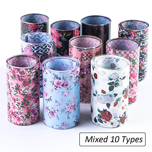 Valuu 10 Rolls Nail Foil Transfer Stickers Spring Flower Rose Nail Foil Adhesive Decals Starry Sky Manicure Transfer Tips Nail Art DIY Decoration Set style 3 - BeesActive Australia