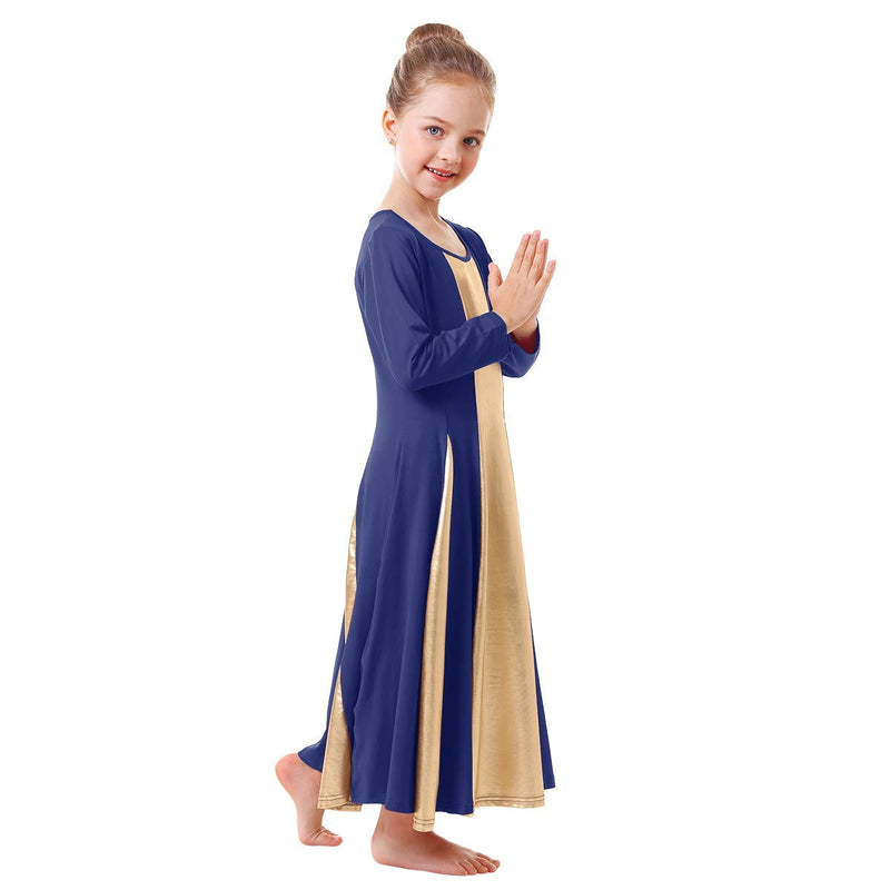 [AUSTRALIA] - IBAKOM Baby Little Big Girls Ruffle Metallic Gold Color Block Praise Dance Dress Liturgical Lyrical Worship Tunic Skirt Kid Dancewear Costume Navy Blue 13-14 Years 