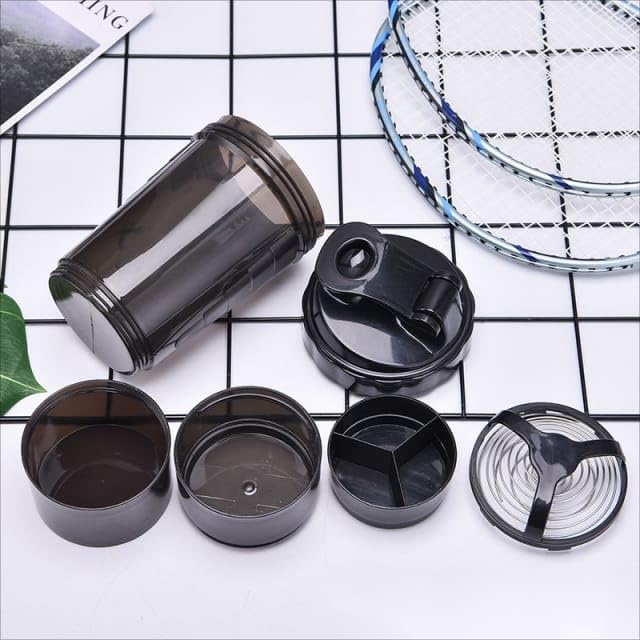 Black Protein Shaker Bottle - With Mixing Ball For Shake - Leak Proof Lid & Twist Off 3 Supplement Storage Compartments Pill Tray - Black Sports Water Bottle - Leak proof Protein Powder Shaker- 500ml - BeesActive Australia