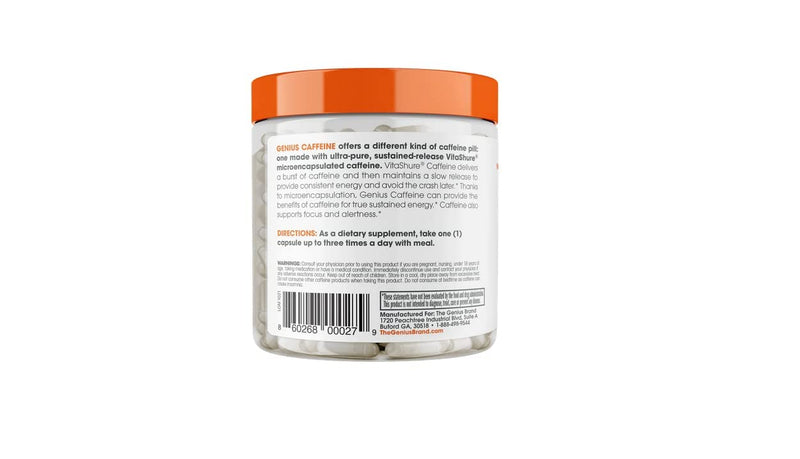 Genius Caffeine Pills 100mg, Extended-Release Microencapsulated Caffeine Pills - All-Natural Non-Crash Sustained Energy, Focus & Concentration Supplement - Nootropic Brain Booster - 100 Capsules - BeesActive Australia